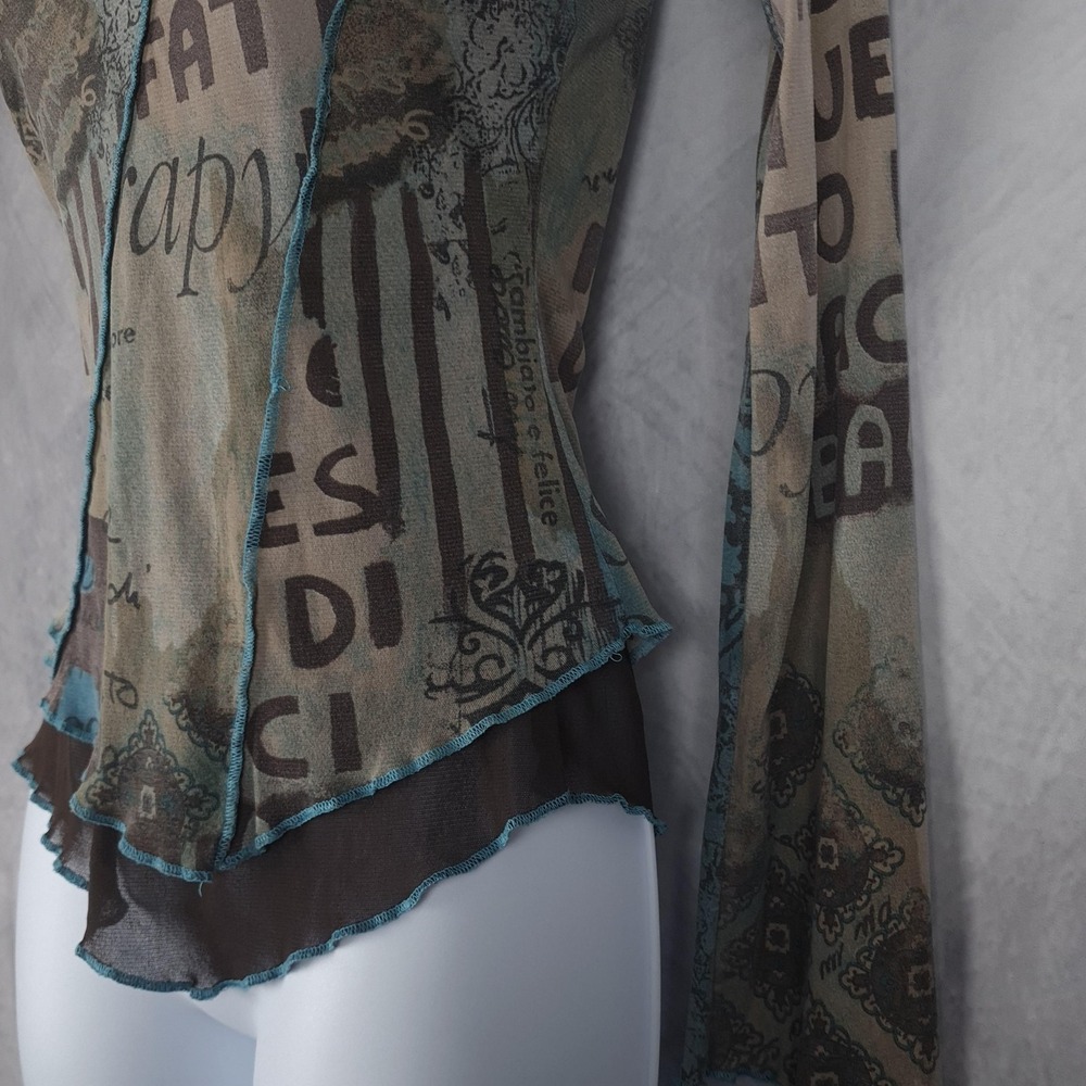 Women’s Mixed Print Asymmetric Long-Sleeve Blouse - Teal & Taupe - Picture 4 of 16